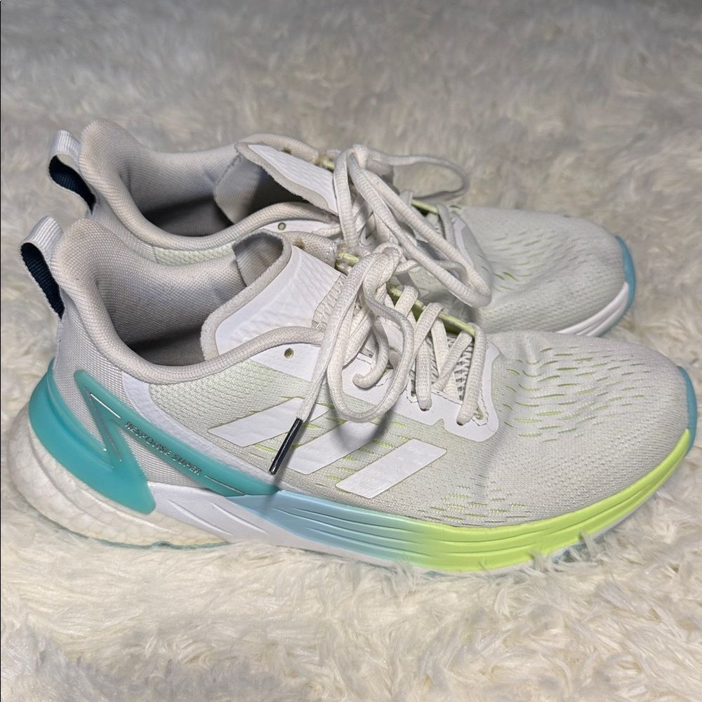 Adidas White Sneakers with Green and Blue Highlights